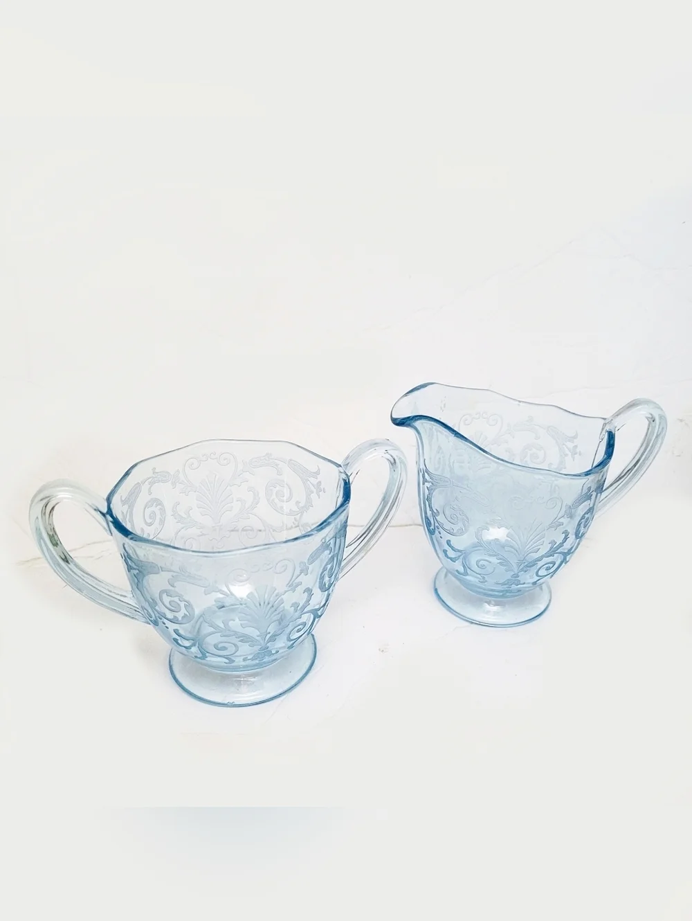 Vintage Fostoria Versailles etched Azure clear Blue Sugar & Creamer Bowl Set